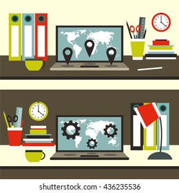 Flat style workspace table with laptop, folders, cup of coffee, pencil, books, wall clock, pen, scissors, lamp, ruler. Background with laptop. Elements of this image furnished by NASA
