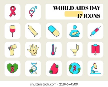Flat Style World Aids Day Colorful Icon Set.
