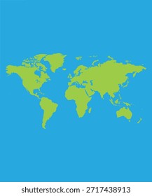 Ilustração do mapa do mundo em estilo plano mostrando todos os continentes em verde sobre um fundo azul oceânico. Design de mapa global simples adequado para educação, geografia, viagens, apresentações comerciais e infográficos.