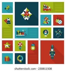Flat style Xmas decorations: cranberries, garland, wreath, sock, sledge, present gift box, candy, nutcracker. Christmas and New Year labels icon set. Holiday web icon collection.