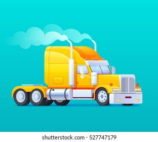 Flat style yellow truck rides on a turquoise background with smoke from exhaust pipes vector illustration