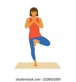 flat style. yoga asanas.  exercise. girl in tree pose
