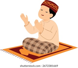 Flat Style Young Boy Praying Illustration on Prayer Rug Design