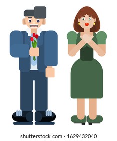 flat style young couple with flowers. date meeting in the evening