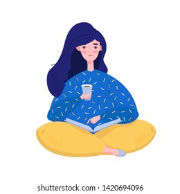 Flat style young girl holding coffee and reading the book. Educational concept. Isolated Vector illustration