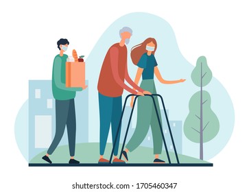 Flat style of young male and female volunteer carrying bag of grocery and helping elderly man during walk in park