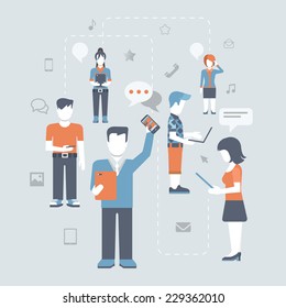 Flat style young people figure online social media communications infographic concept vector icon set. Man woman with tablet phone laptop. Content and humans connected via chat share like e-mail.