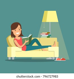 Flat style young woman leisure reading books relax at home interior vector illustration. Female lying on couch sofa. learning, knowledge, studding. Creative people collection.