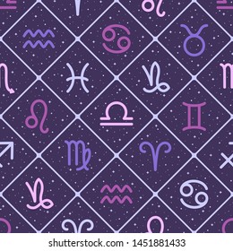 Flat style zodiac signs, icons, night sky with stars, sparks seamless repeat vector pattern. Dark violet, purple colors. Diagonal plaid, lattice background. Horoscope symbols astrological illustration