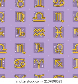 Flat style zodiac signs, night sky with stars, sparks seamless repeat vector pattern. Purple colors. Horoscope symbols astrological illustration