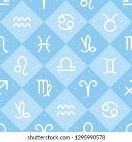 Flat style zodiac signs and stars, sparks seamless repeat vector pattern. Diagonal check, squares geometric chequered background. Zodiac icons, simple horoscope symbols astrological illustration.