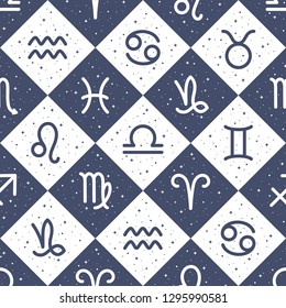 Flat style zodiac signs and stars, sparks seamless repeat vector pattern. Diagonal check, squares geometric chequered background. Zodiac icons, simple horoscope symbols astrological illustration.