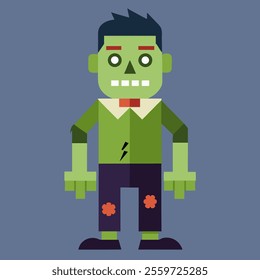 A flat style zombie character with a green shirt and red tie