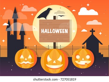 Flat styled colorful Halloween Vector Background with pumpkin heads Designed for Web, Document, Greeting Card, Poster, Label and Other Decoration Surface