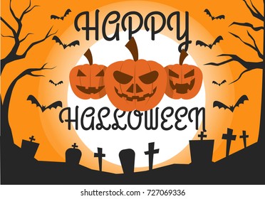 Flat styled colorful Halloween Vector Background with pumpkin heads Designed for Web, Document, Greeting Card, Poster, Label and Other Decoration Surface