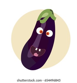 Flat styled illustration of an eggplant, melongene or brinjal happy character. Aubergine happy face. Eggplant emoji or emoticon.