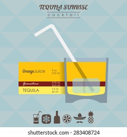 flat styled isometric illustration of cocktail. Tequila sunrise alcohol drink