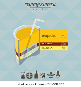 flat styled isometric illustration of cocktail. Tequila sunrise alcohol drink