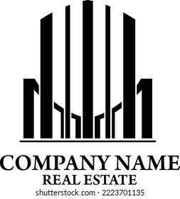Edificio de ilustraciones con el logotipo de la marca inmobiliaria de estilo plano 