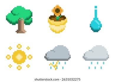 Flaches gestyltes Wetter Pixel Art Icon Set