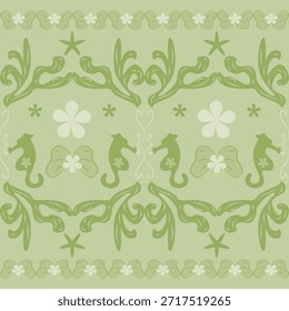 Flache Styles Illustration unter dem Meer Konzept Seepferdchen Blumen und Seetang Design nahtlose Rand Muster. Exquisite handgezeichnet in grünen Tönen Farbton Natur inspiriert für Luxus Marine Dekoration, Schal