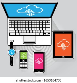A flat stylised Laptop computer, Tablet PC, Smart phone, Feature phone and Smart watch connected to the WWW streaming data.