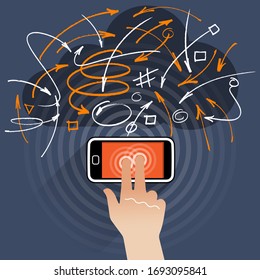 Un teléfono inteligente plano con 2 dedos tocando la pantalla con un fondo de contraste oscuro con una forma de nube (WWW) y líneas y flechas dibujadas al azar.