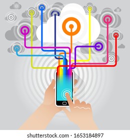 A flat stylised Smart phone held by a user – tapping the touch screen to access the WWW streaming Entertainment, Information and Data.