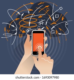  Un Smart Phone plano estilizado - se sostiene mientras toca la pantalla con el dedo índice derecho. Esto se establece en un fondo de contraste oscuro con una forma de nube (WWW) y líneas y flechas dibujadas al azar.