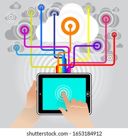 A flat stylised Tablet PC held by a user – tapping the touch screen to access the WWW streaming Entertainment, Information and Data.