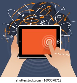  A flat stylised Tablet PC - held while touching the screen with the right index finger. This is set against a dark contrast background with a cloud (WWW) shape and randomly drawn lines and arrows.