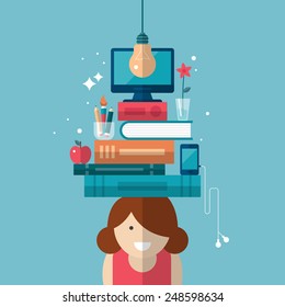 Flat stylish design for education concept. Young girl with books on her head