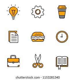 Flat Stylish Icons. Vector Objects - Food, Objects, Book, Notebook, Journal, Paper, Drink, Sandwich, Lamp, Scissors.