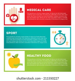 Flat stylish illustration banners set. Medicine and health care, food, sport theme. Modern colors. Vector illustration. Layered file with place for text
