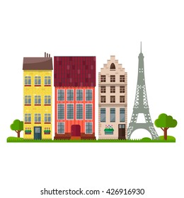 Flat stylish travel illustration, vector illustration for Paris, France, Travel and tourism concept. France houses. Paris City landscape. Eiffel tower. Greeting card or web banner design. 