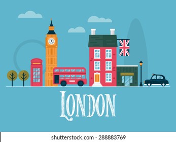 Flat stylish vector illustration for London, England. Travel and tourism concept