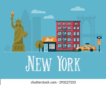 Flat stylish vector illustration for New york City, USA. Travel and tourism concept