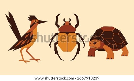 Flat stylized animals on cream including a small songbird a horned beetle and a brown tortoise facing right.