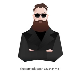 Flat stylized cartoon character Hipster Man with beard in black coat in sunglasses
