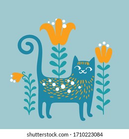 Flat stylized cat in colors.