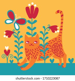 Flat stylized cat in colors.