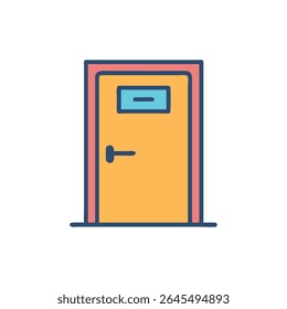 A flat stylized door icon features a handle and sign. Modern graphic with pink and blue trim.