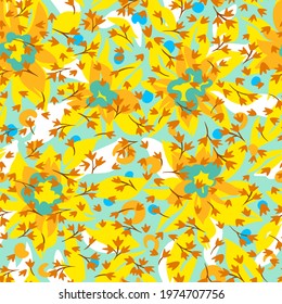 Flat stylized flowers. Summer floral background with small meadow flowers mixed with large buds. Nature motif. Botanical seamless pattern made of brush strokes forming plain lush foliage plants.