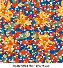 Flat stylized flowers. Summer floral background with small meadow flowers mixed with large buds. Nature motif. Botanical seamless pattern made of brush strokes forming plain lush foliage plants.