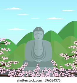 A flat stylized gray stone Buddha statue against the background of green hills and a blue sky with clouds surrounded by flowering cherry twigs with pink flowers. Vector illustration.