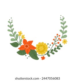 Flat stylized hand drawn floral wreath isolated on white background. Sketchy hand drawn abstract flowers and branches isolated on white background. Ideal for as template for greetings, banner