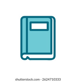 Um ícone plano e estilizado de um livro de ouro fechado com uma etiqueta branca. Contra um fundo branco sólido.