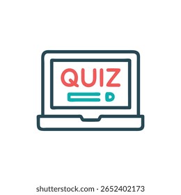 Icono plano y estilizado de una computadora portátil que muestra la palabra quiz. El texto rojo se destaca contra un marco azul de la computadora portátil.