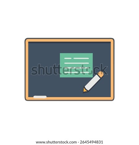 A flat stylized image of a blackboard with paper and pencil. Clean vector graphics and simple design.