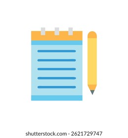 A flat stylized image shows a notepad with a pencil, presented on a contrasting White Background. Minimalist design.